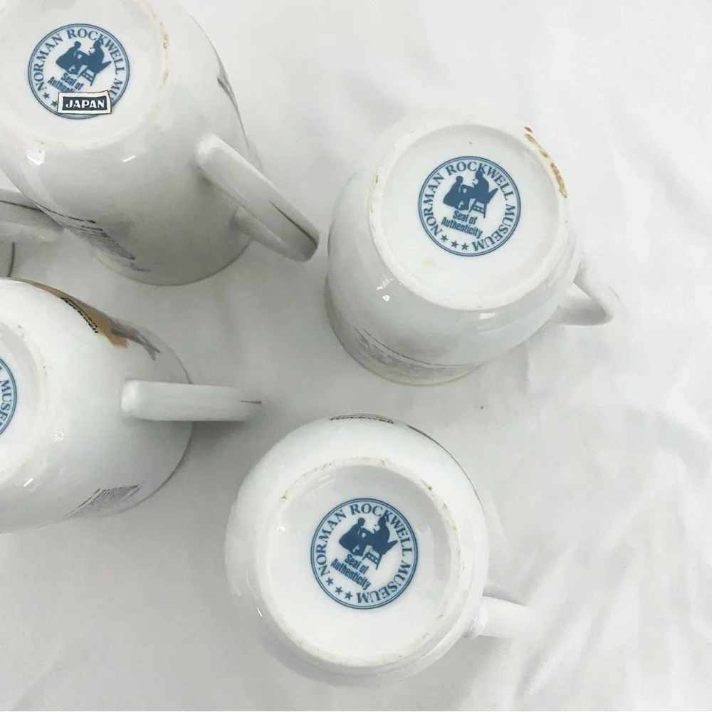 VINTAGE SET Of 5 Norman Rockwell Museum Coffee Mugs Cups White Gold Trim JAPAN